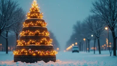 Christmas Tree Made Of Stacked Tires In Snowy Street