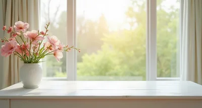 Pink Flowers In White Vase On Wooden Table