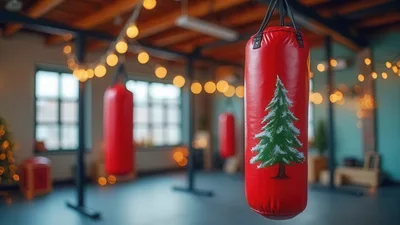 Red Boxing Punching Bags Decorated With Christmas Trees