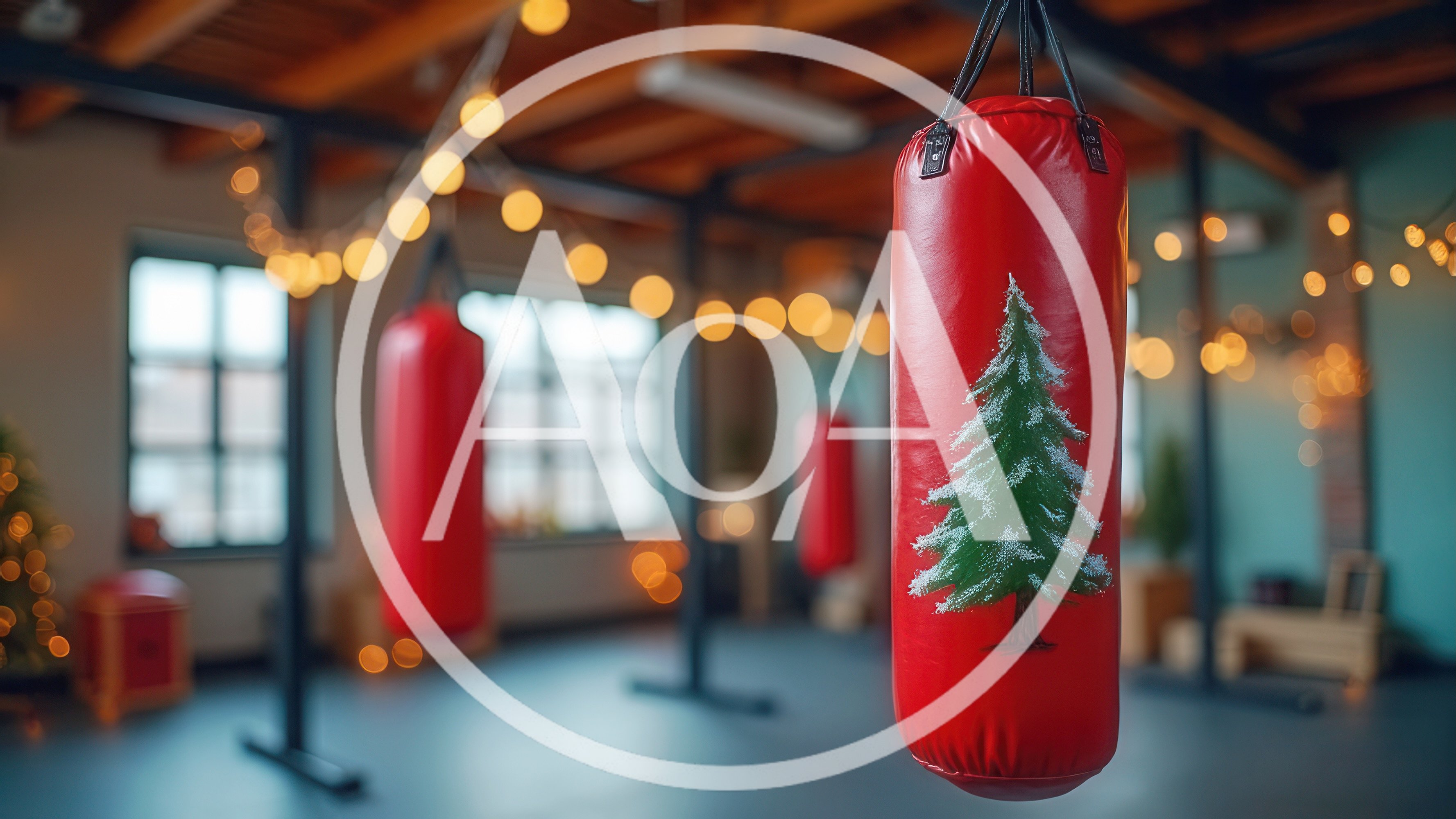 Red Boxing Punching Bags Decorated With Christmas Trees