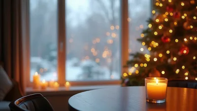 Lit Candle On Table With Christmas Tree Background