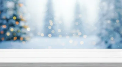 Empty White Wooden Table Against Blurred Christmas Background
