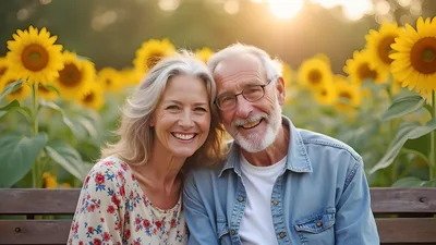 Happy Senior Couple Sitting Together in Sunflower Field