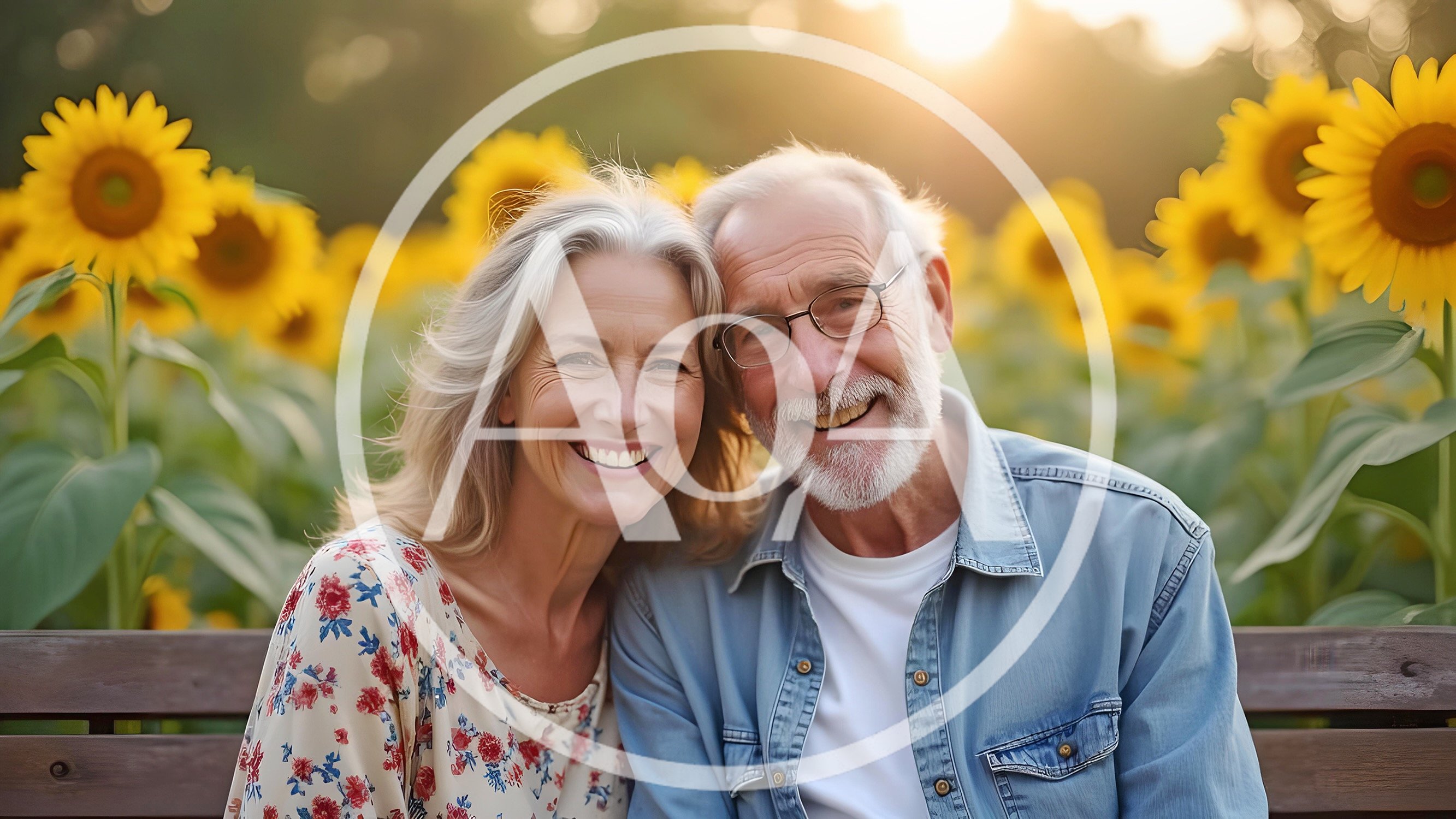 Happy Senior Couple Sitting Together in Sunflower Field