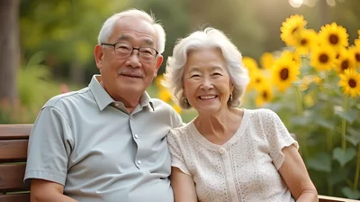 Happy Elderly Asian Couple Sitting Together On Park Bench