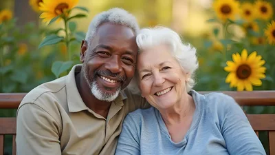 Happy Senior Couple Sitting Together In Sunflower Garden