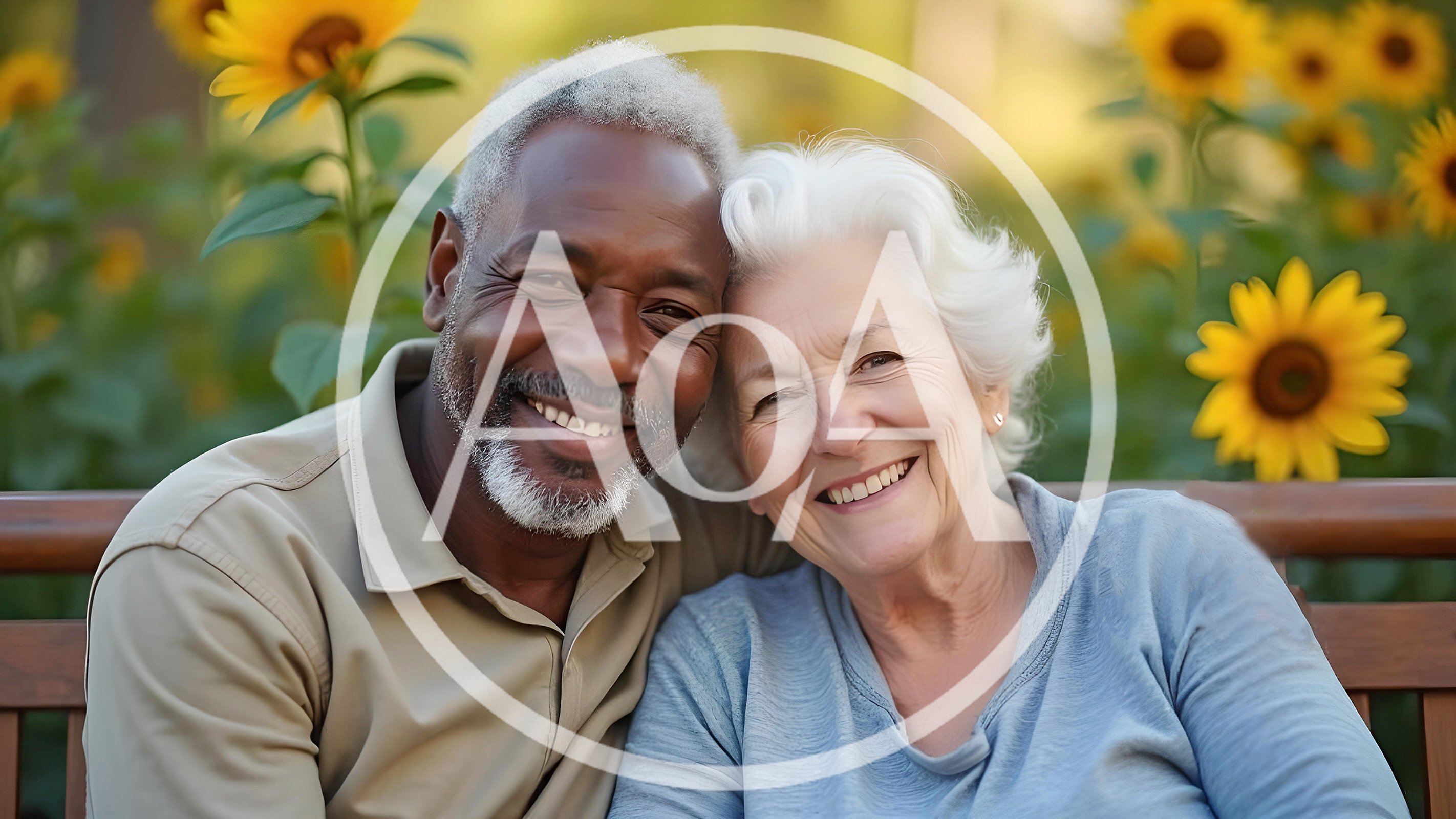 Happy Senior Couple Sitting Together In Sunflower Garden