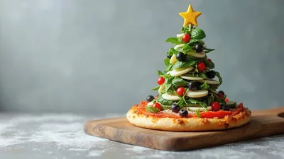 Christmas Tree Shaped Pizza With Fresh Salad Toppings