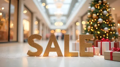 Golden Sale Sign With Christmas Tree And Gift Boxes