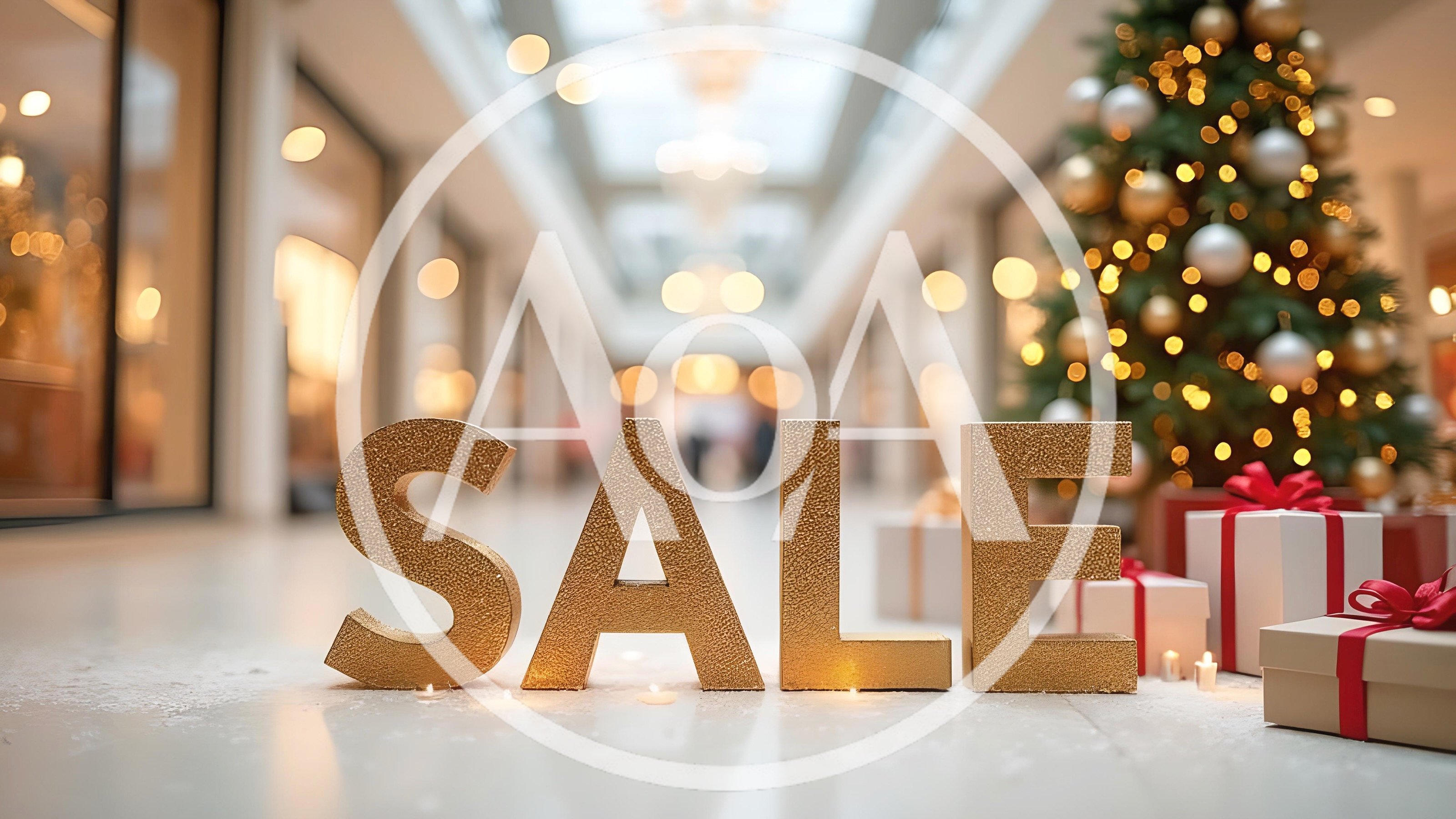 Golden Sale Sign With Christmas Tree And Gift Boxes