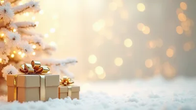 Golden Christmas Gift Boxes Under Snowy Tree