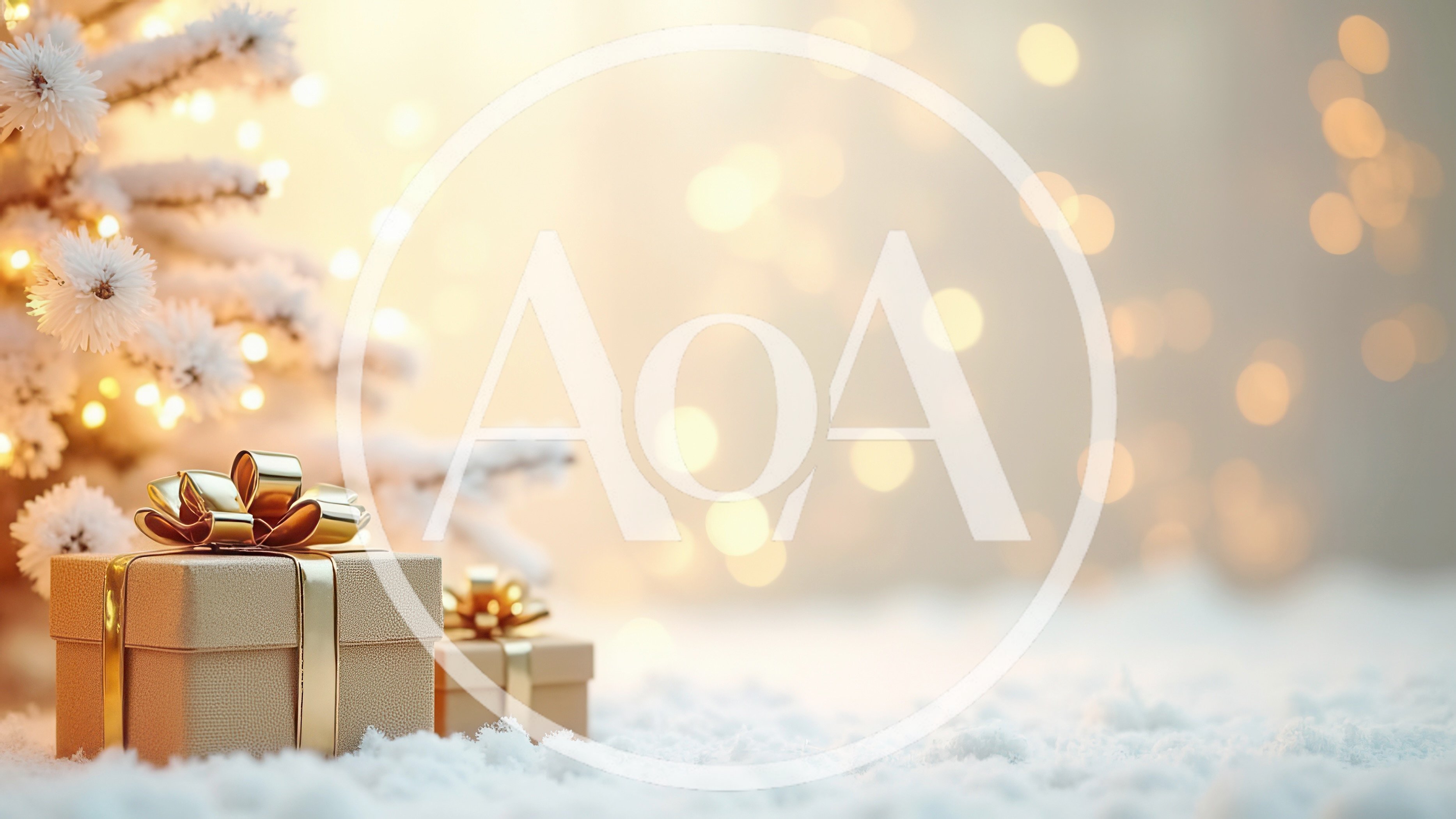 Golden Christmas Gift Boxes Under Snowy Tree
