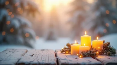Four Lit Candles On A Snowy Wooden Table