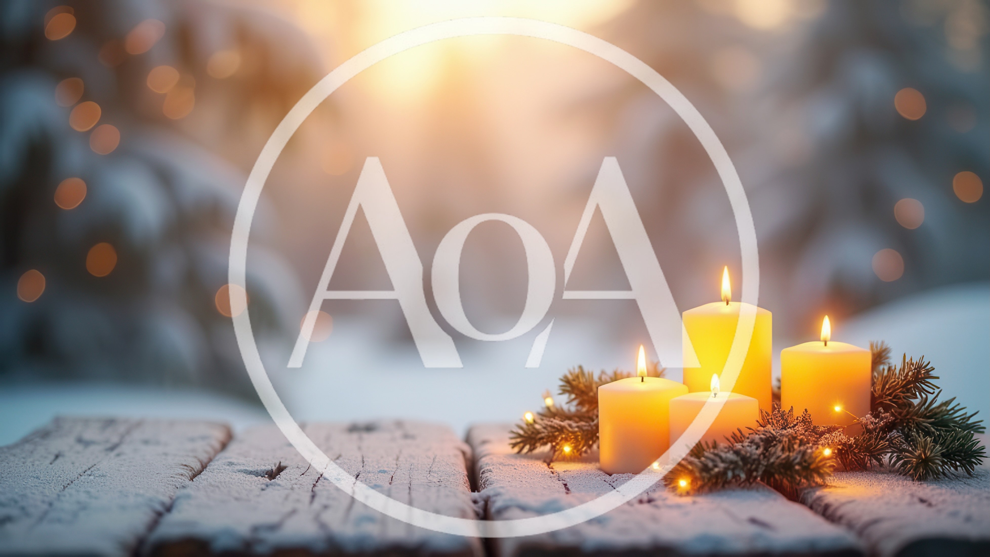 Four Lit Candles On A Snowy Wooden Table