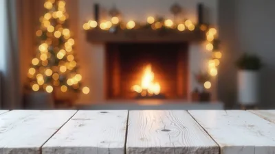 Empty White Wooden Table In Front Of Christmas Fireplace