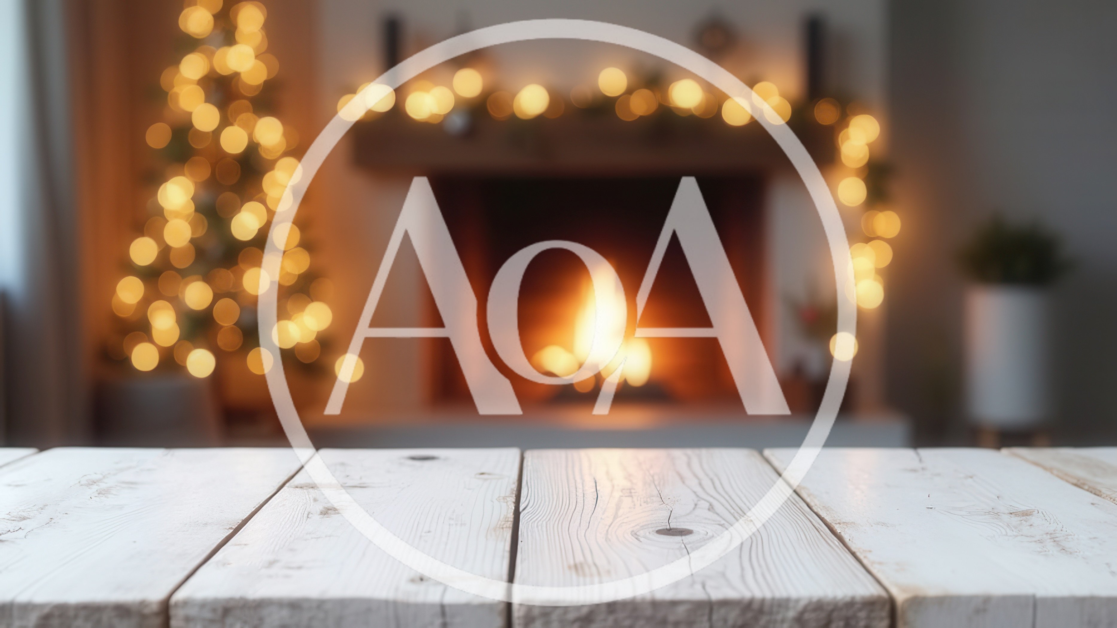 Empty White Wooden Table In Front Of Christmas Fireplace