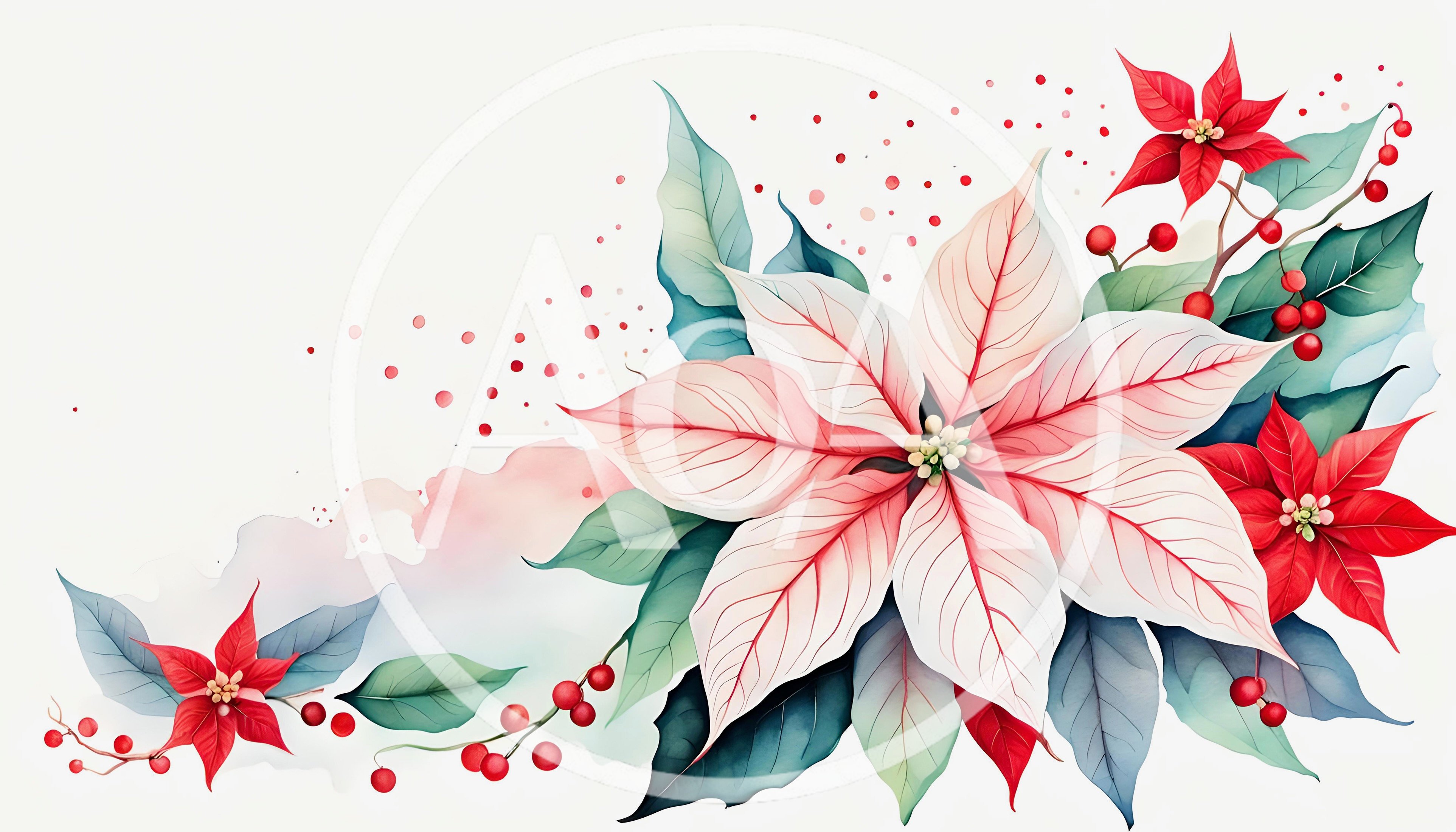 Watercolor Poinsettia Floral Arrangement With Berries