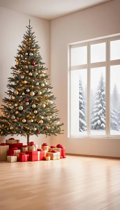 Christmas Tree With Wrapped Gifts In A Minimalist Room