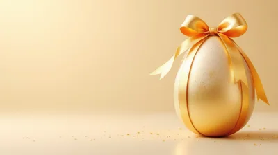 Golden Easter Egg With Ribbon On Beige Background