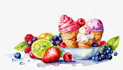 Watercolor Illustration of Ice Cream Cones and Fresh Fruit