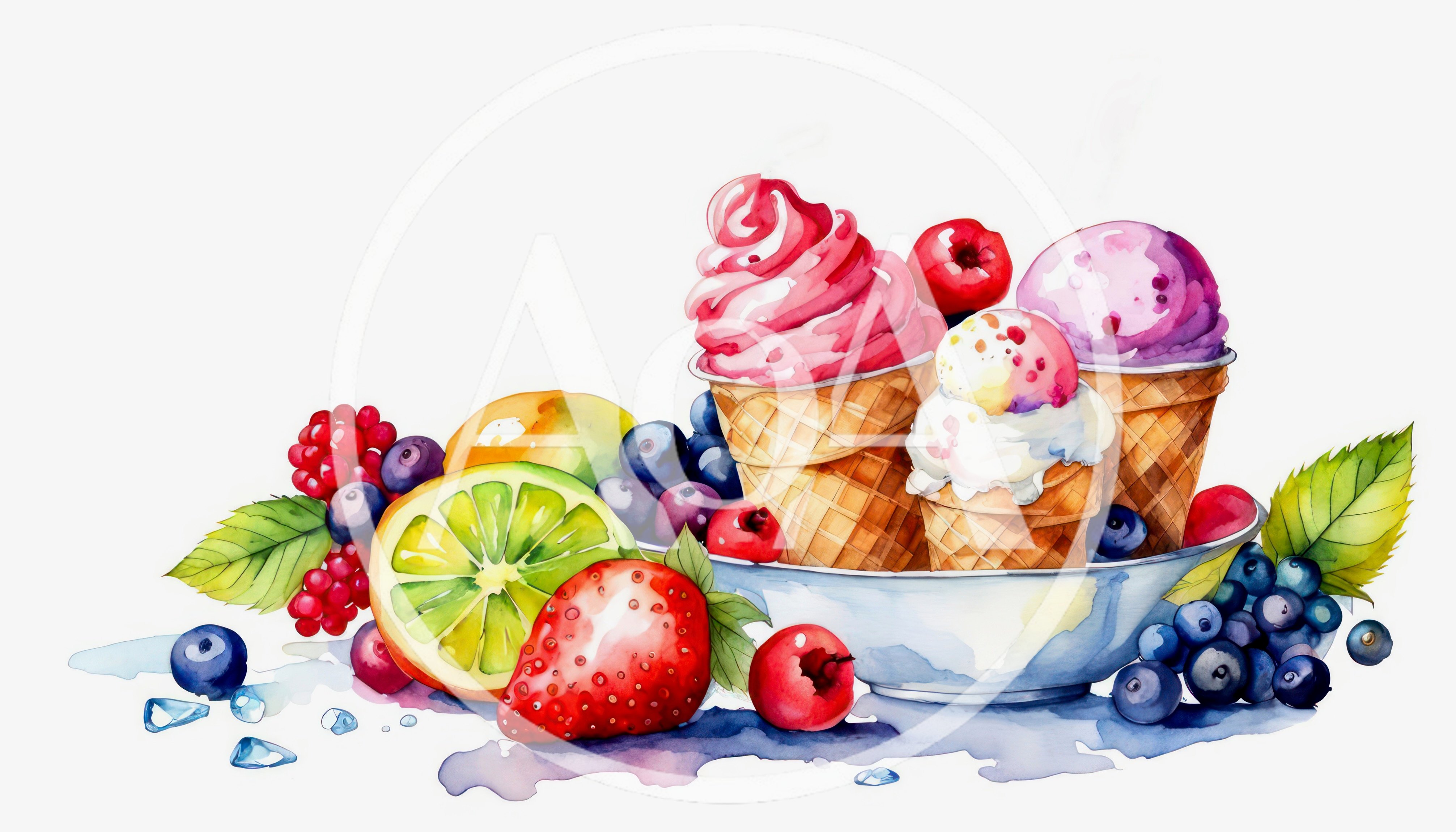 Watercolor Illustration of Ice Cream Cones and Fresh Fruit