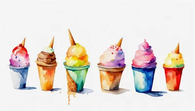 Watercolor Illustration Of Six Colorful Ice Cream Cones
