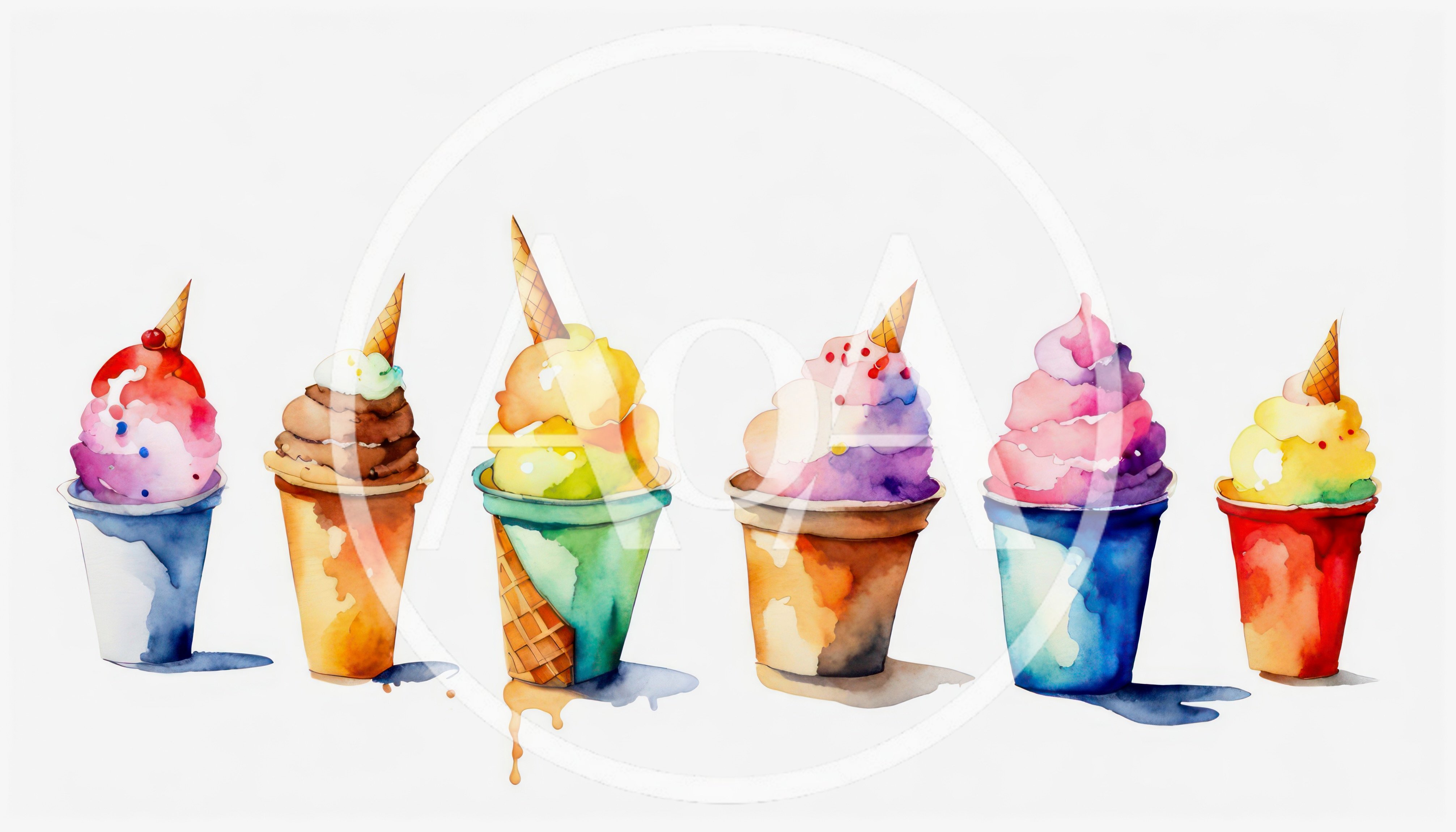 Watercolor Illustration Of Six Colorful Ice Cream Cones