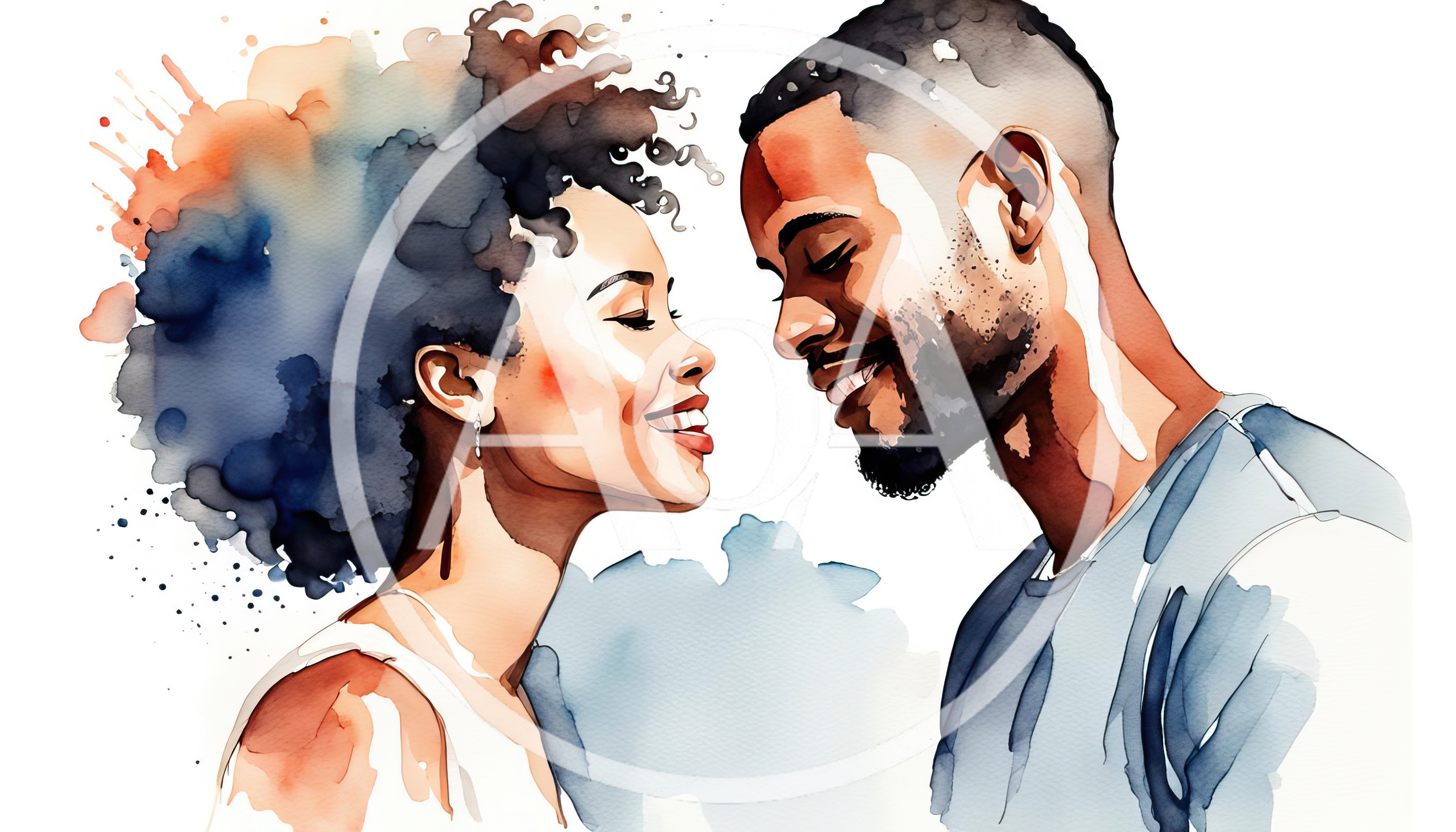Watercolor Illustration Of A Loving Couple Facing Each Other