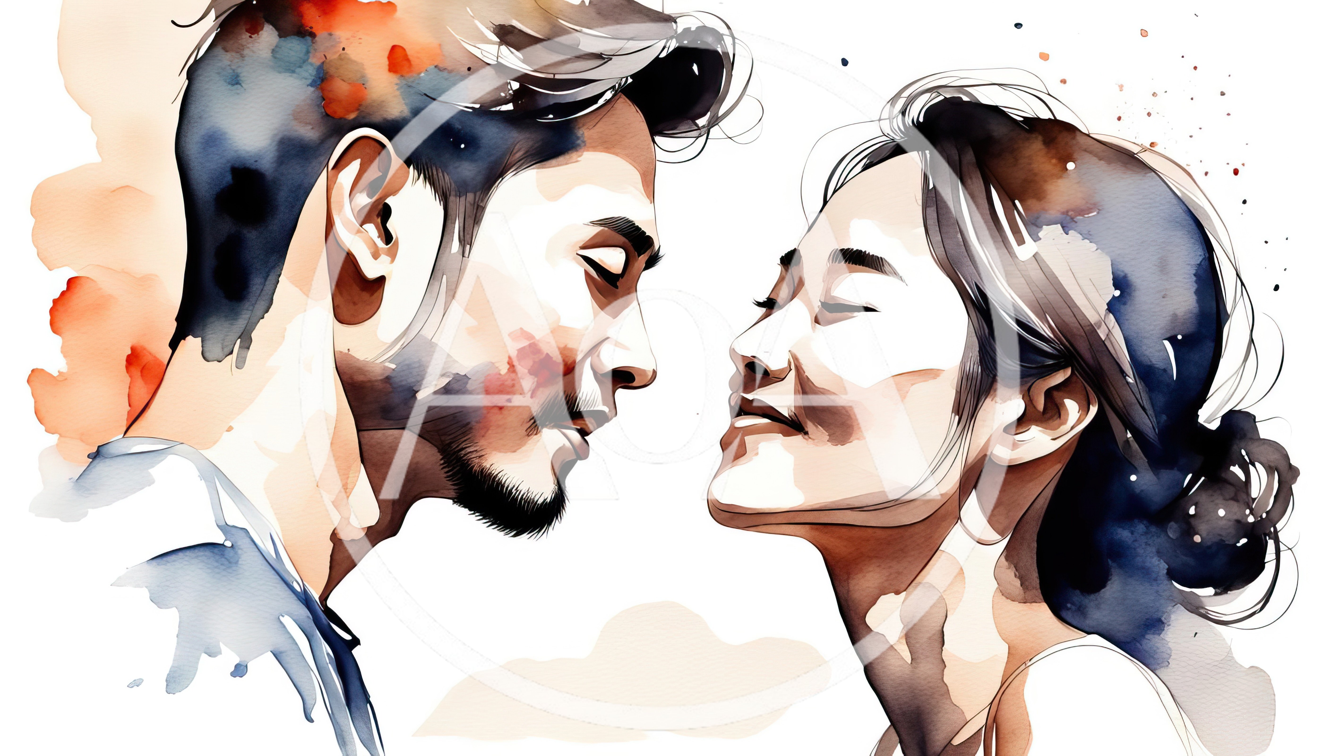 Watercolor Illustration Of A Romantic Couple Facing Each Other