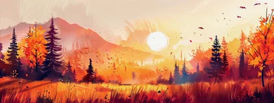 Autumn Landscape With Golden Sunset And Pine Forest