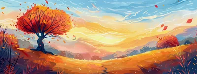 Autumn Landscape With Vibrant Orange Tree At Sunset
