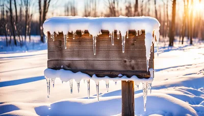 Wooden Signboard Covered In Snow And Icicles