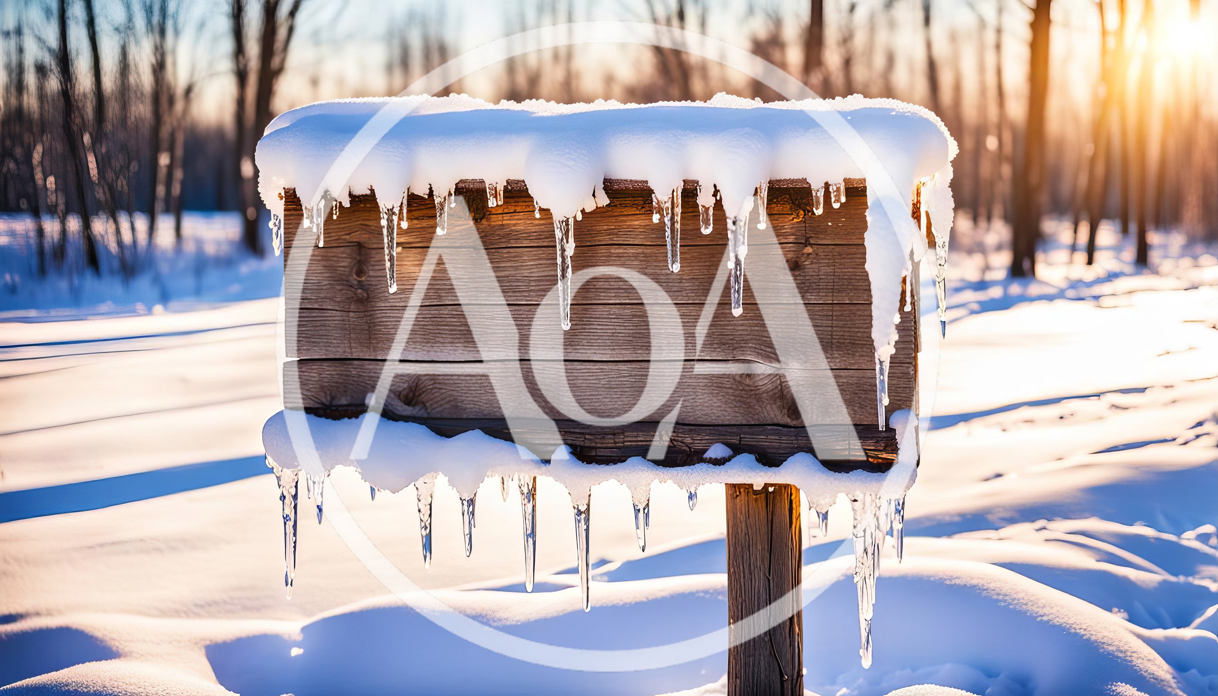 Wooden Signboard Covered In Snow And Icicles