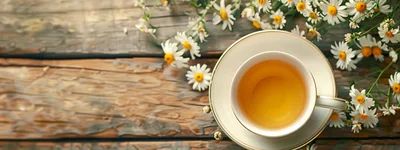 Chamomile Tea Cup With Fresh Flowers On Wooden Table