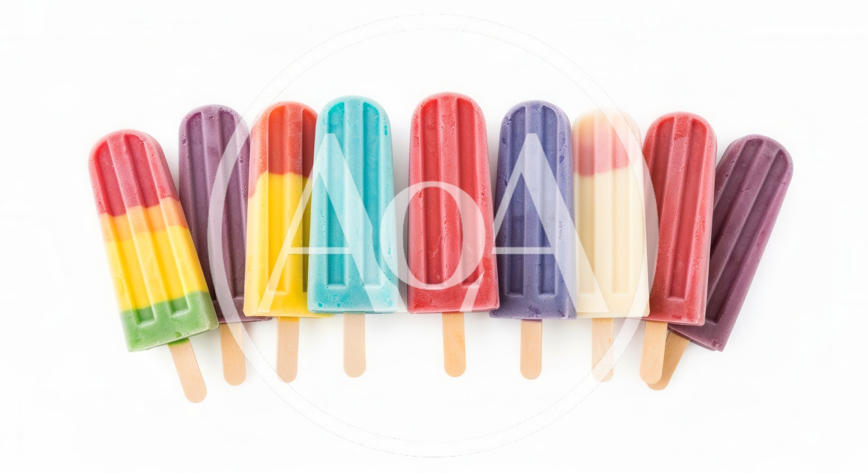 Assorted Colorful Fruit Popsicles on White Background
