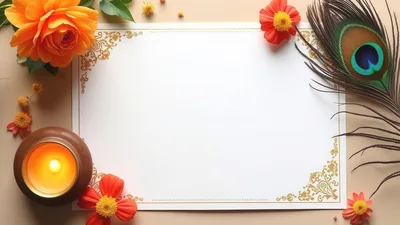Blank Paper Frame With Peacock Feather And Candle