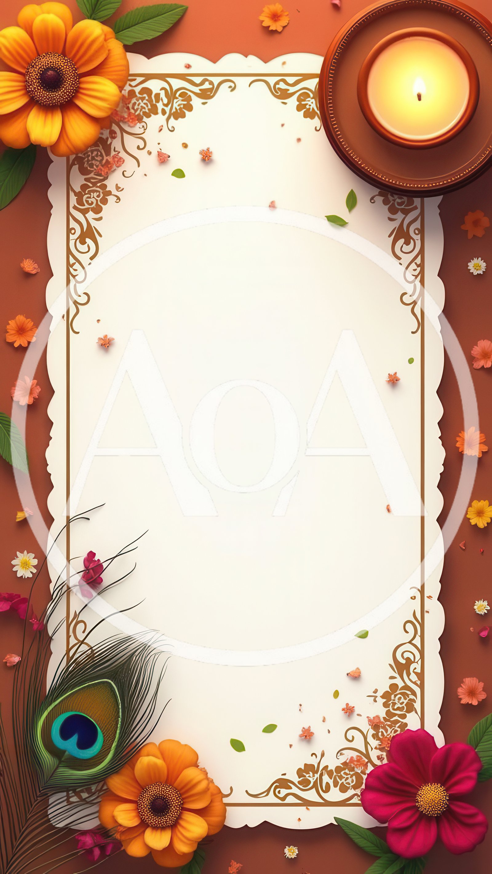 Festive Greeting Card Template With Peacock Feather And Flowers