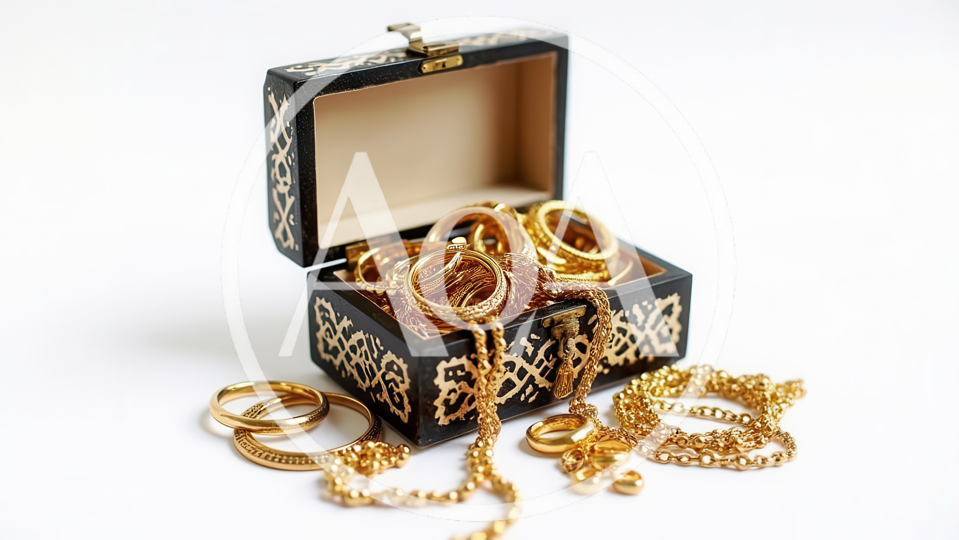 Open Wooden Jewelry Box Filled With Gold Accessories