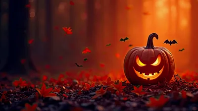 Glowing Jack O Lantern in Autumn Forest