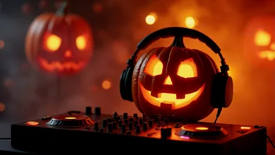 Jack O Lantern DJ Wearing Headphones On Mixing Console