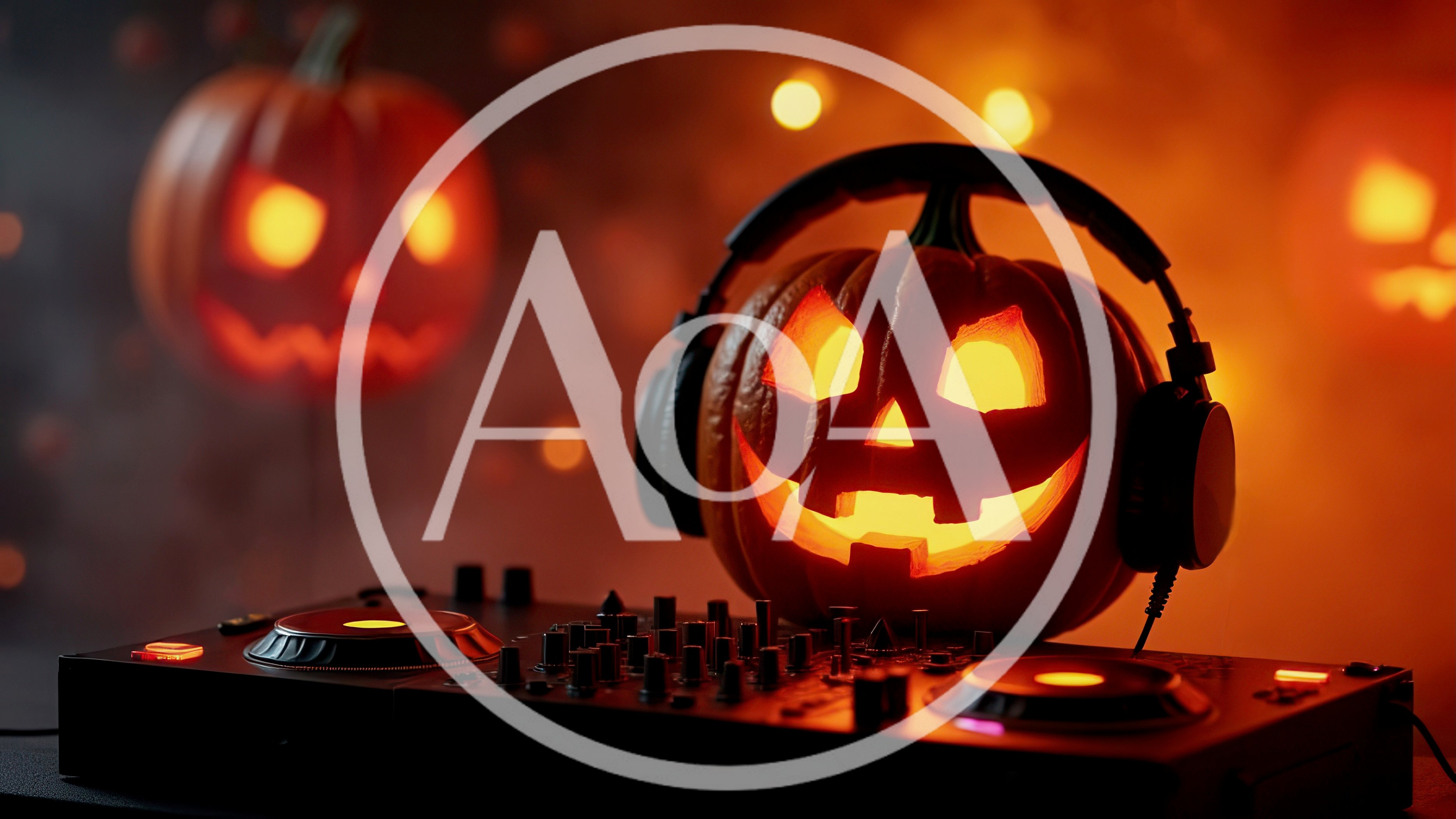 Jack O Lantern DJ Wearing Headphones On Mixing Console
