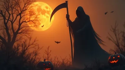 Grim Reaper Silhouette With Scythe Under Full Moon
