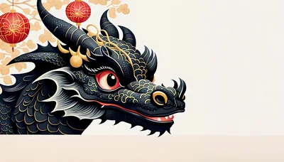 Stylized Black Dragon Illustration With Chinese Lanterns