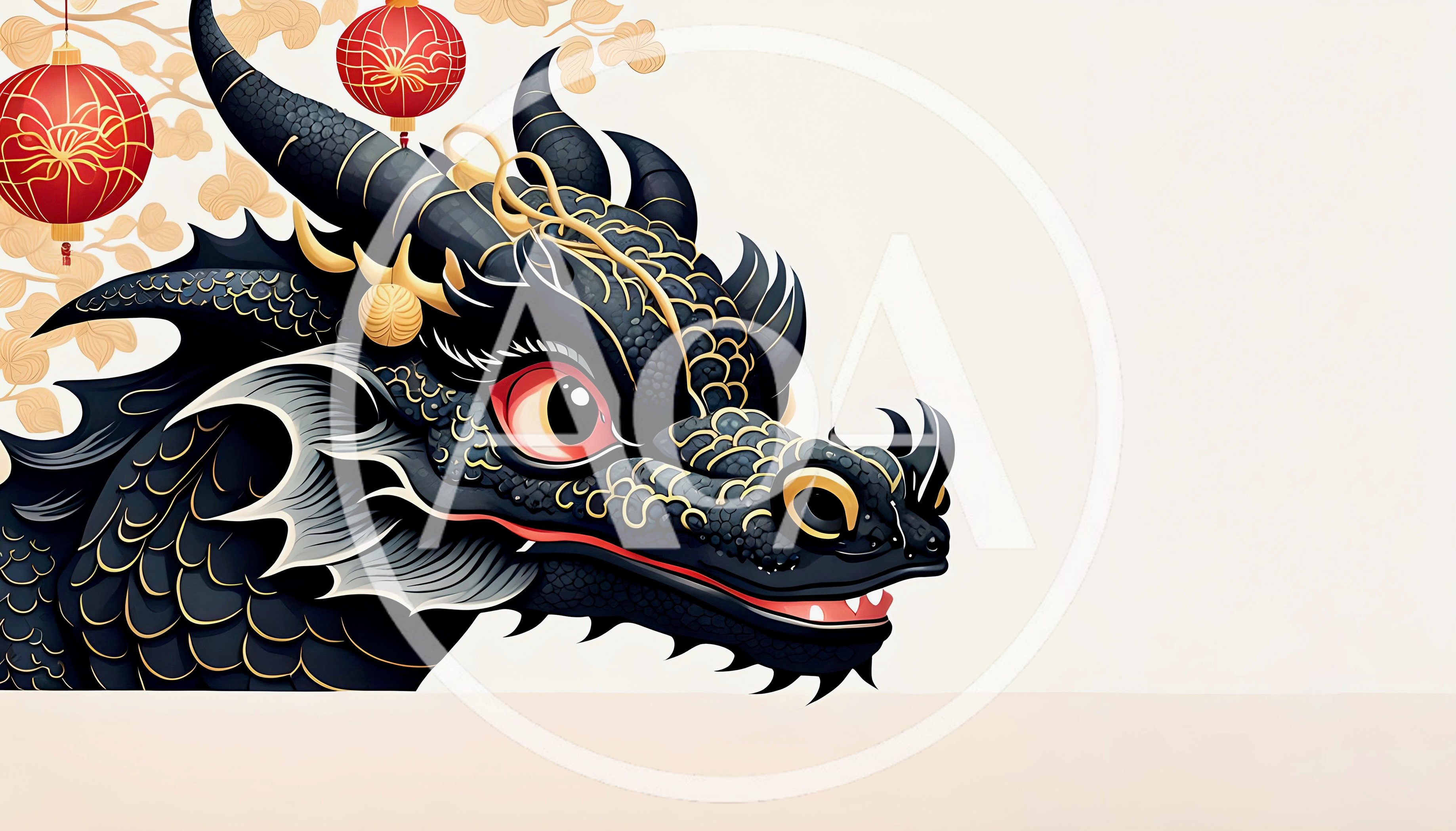 Stylized Black Dragon Illustration With Chinese Lanterns