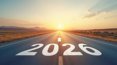 Road Leading Toward The Year 2026 At Sunrise