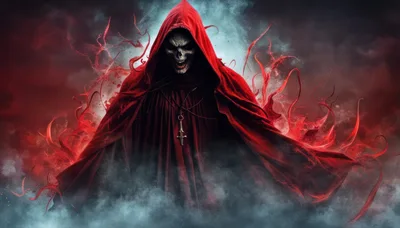 Grim Reaper Figure In Red Hood With Glowing Smoke
