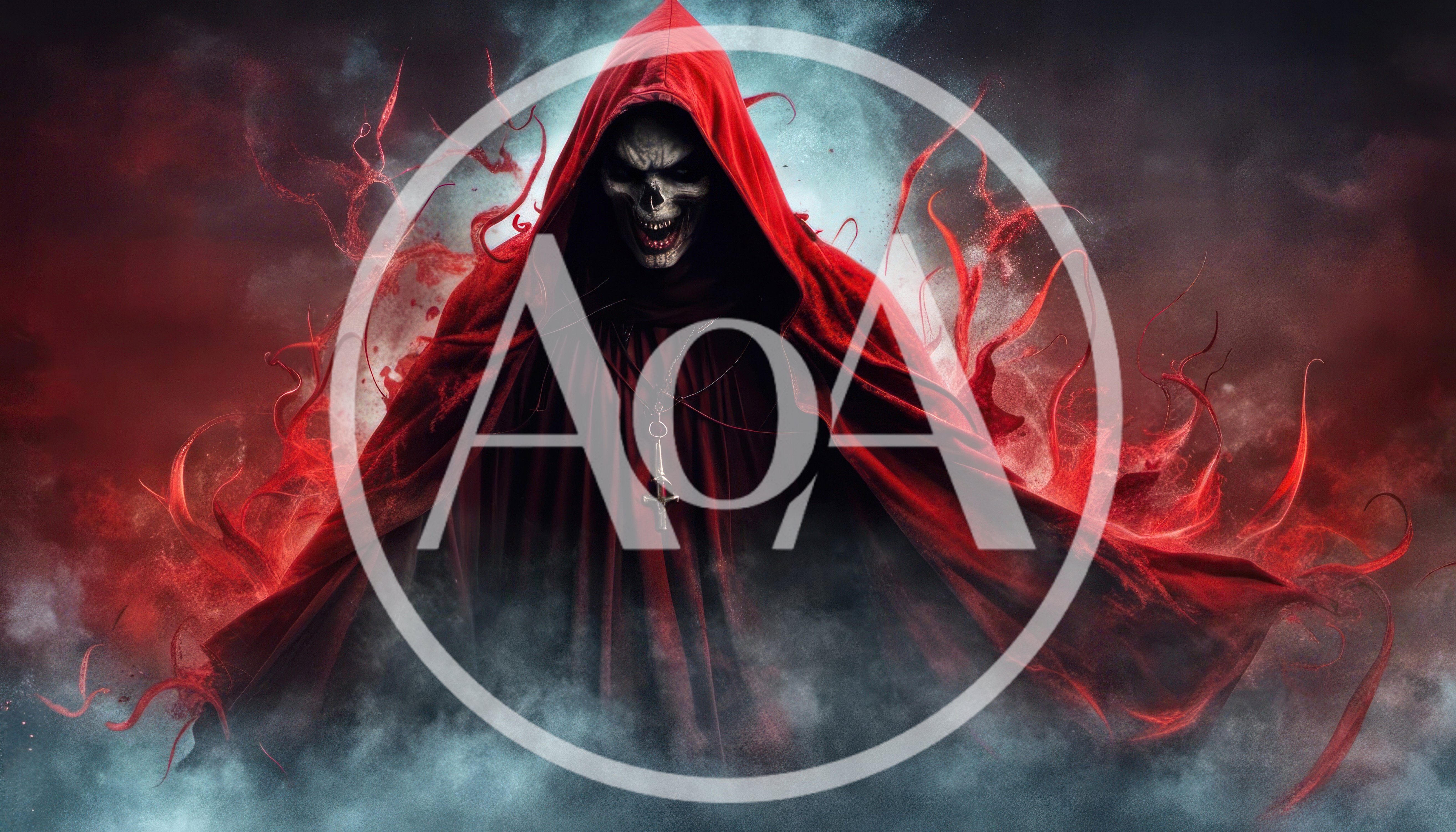 Grim Reaper Figure In Red Hood With Glowing Smoke