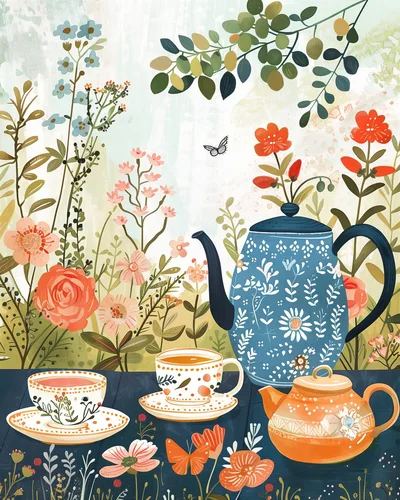 Whimsical Tea Party Illustration With Floral Garden Background