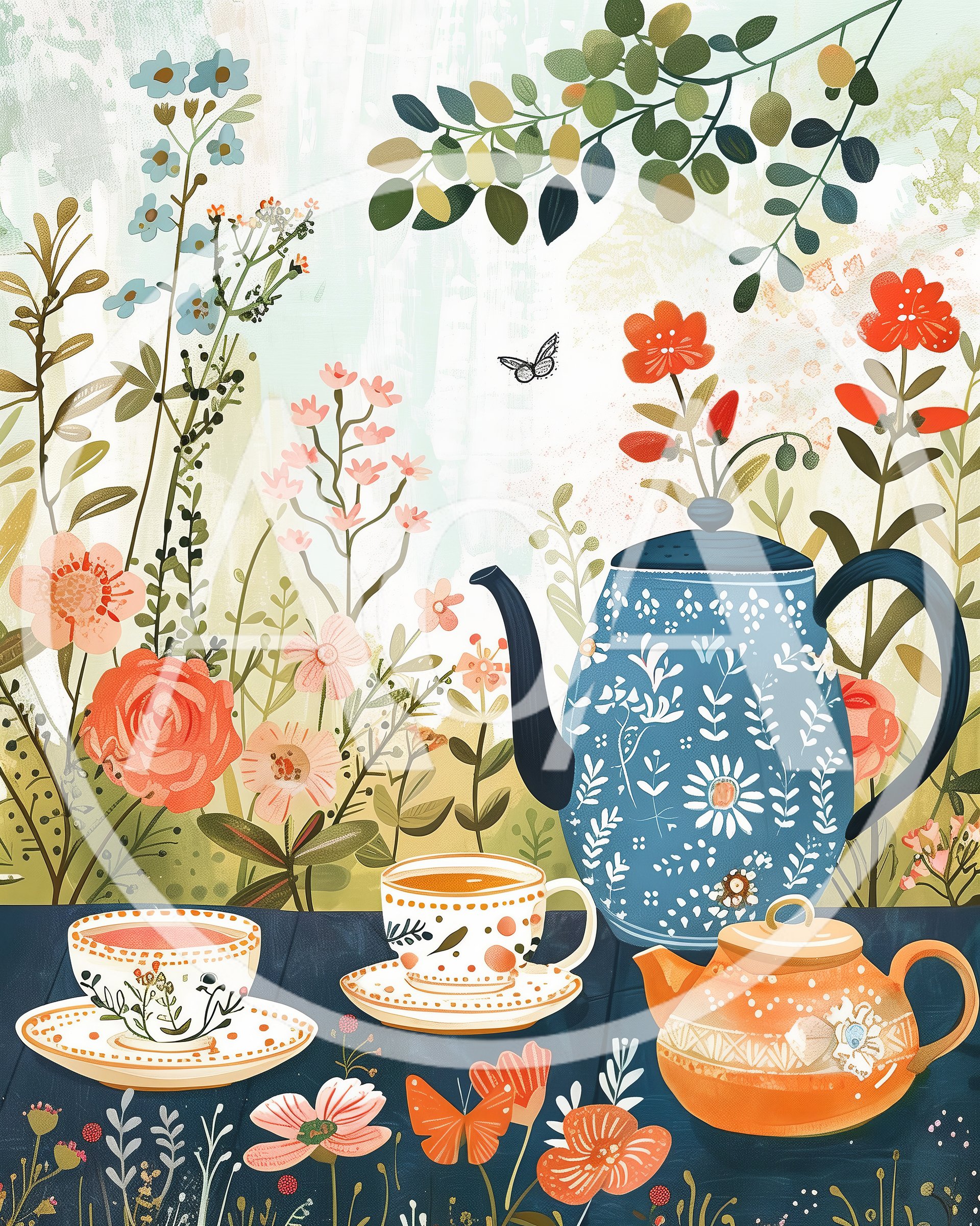 Whimsical Tea Party Illustration With Floral Garden Background