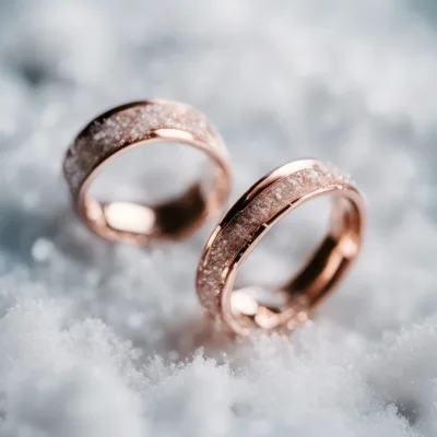 Two Rose Gold Wedding Rings Resting In Fresh Snow